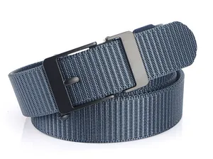 Detail of navy blue woven nylon belt with a sleek matte black automatic metal buckle