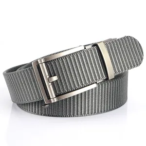 Nylon braided automatic buckle belt for men in dark grey with brushed metal finish