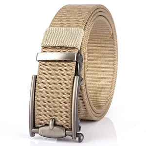 Khaki nylon tactical belt with matte grey metal automatic buckle for outdoor casual wear