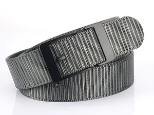 Detailed macro view of gray and black woven belt texture with matte black automatic buckle