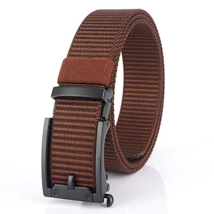 Men's dark brown nylon belt with black matte automatic buckle for outdoor casual wear