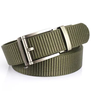 Army green tactical nylon belt for men with matte silver automatic metal buckle