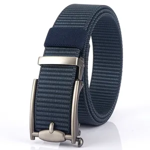 Men's navy blue nylon belt with a matte gunmetal automatic buckle for outdoor leisure