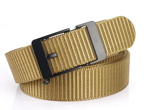 Close-up of khaki nylon tactical belt with a matte black metal automatic buckle