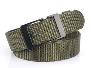 Close-up of army green nylon tactical belt with matte black metal buckle detail