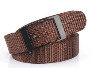 Close-up of brown nylon woven belt texture and matte black metal buckle detail