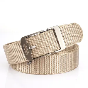 Men's khaki nylon woven belt with matte silver automatic buckle for casual jeans