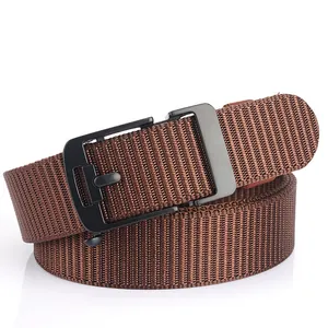 Men's casual brown nylon woven belt with a matte black buckle on a white background
