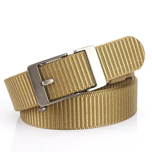 Men's tactical nylon canvas belt in khaki with brushed metal automatic buckle