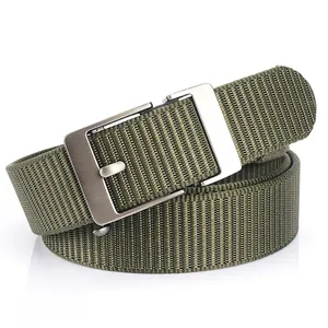 Army green nylon canvas belt with frosted silver buckle for military casual wear