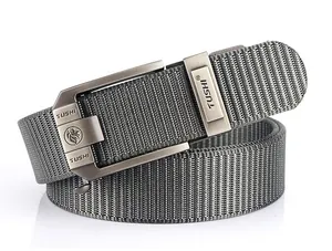Detailed macro view of the dark grey thickened nylon belt with a matte automatic metal buckle