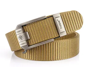 Macro detail of khaki tactical nylon belt with brushed zinc alloy automatic buckle