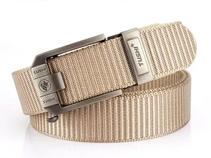 Close-up of khaki nylon woven belt with dark grey automatic metal buckle and lion logo