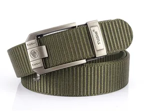 Detail of army green nylon belt with brushed metal automatic buckle and lion logo