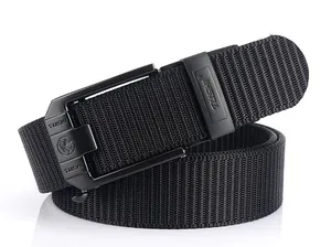 Close-up of black nylon woven belt with TUSHI brand logo and lion head metal buckle