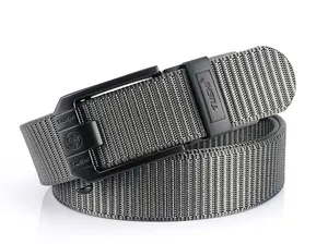 Detailed close-up of a men's heavy-duty nylon belt with black matte automatic buckle