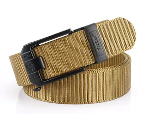 Detail of khaki nylon tactical belt with black alloy automatic buckle and lion logo