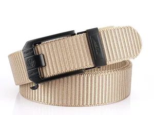 Macro shot of khaki nylon web belt with black alloy automatic buckle and lion logo