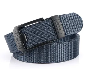 Detail of navy blue thickened nylon tactical belt with black matte automatic metal buckle