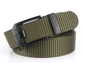 Detail of army green nylon tactical belt with black matte buckle and TUSHI logo
