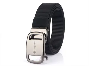 Macro shot of durable black nylon web belt with gray alloy automatic buckle details