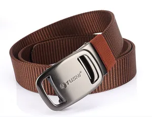 Close-up of brown heavy-duty nylon belt with gun-black matte metal automatic buckle