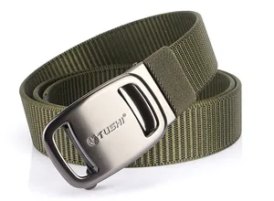 Detail of army green nylon tactical belt with gunmetal automatic buckle and brand logo