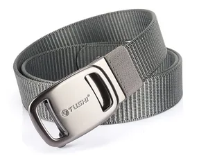Detail of grey nylon belt with matte silver buckle and dense woven texture for outdoors
