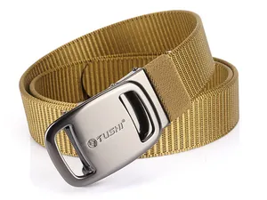 Detail of khaki nylon tactical belt with a matte gunmetal automatic buckle by TUSHI