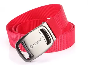Detail of red nylon belt with textured weave and gunmetal matte automatic buckle