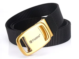 Macro shot of durable black nylon belt strap with a premium golden metal automatic buckle