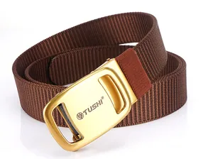 Detail of a brown woven nylon belt with a premium gold automatic zinc alloy buckle