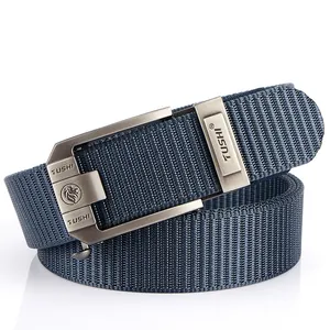 Thickened nylon web belt in navy blue with matte metal automatic buckle and lion logo