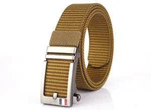 Macro view of nylon tactical belt buckle with brushed metal and tricolor stripe