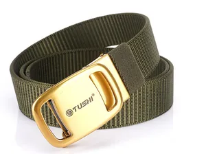 Detail of army green nylon tactical belt with frosted gold automatic metal buckle