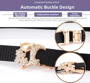 Detail of fox buckle with rhinestones and hole-less nylon belt for flexible adjustment