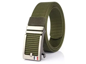Macro detail of military green nylon web belt with matte metal automatic buckle