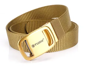 Macro shot of khaki nylon webbing texture and golden automatic metal buckle detail