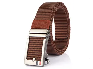 Close-up of dark brown nylon woven belt with metal automatic buckle and stripe detail