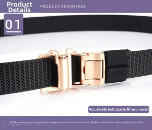 Detail of adjustable black nylon belt with rose gold zinc alloy quick-release buckle
