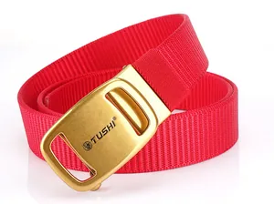 Detail of red nylon tactical belt with a brushed gold metallic automatic buckle