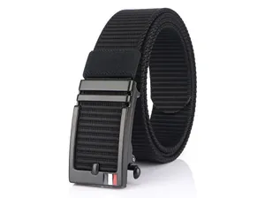 Close-up of black nylon woven belt featuring a metal automatic buckle with tricolor stripe
