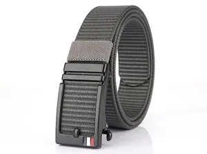 Macro shot of 3.5cm grey nylon belt with matte black automatic metal buckle