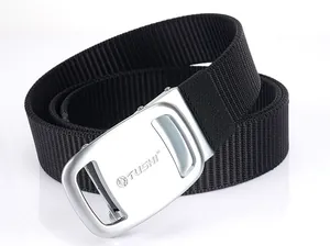 Detailed view of the brushed silver metal buckle and durable black nylon webbing texture