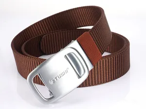 Detail of brown nylon braided belt showing the brushed silver automatic buckle with TUSHI logo
