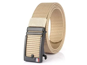 Detailed view of khaki nylon braided belt with black matte automatic metal buckle