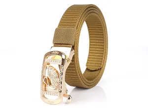 Khaki woven canvas belt featuring a crystal-encrusted swan automatic metal buckle