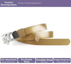 Detail of rhinestone zinc alloy buckle and breathable woven nylon belt for women