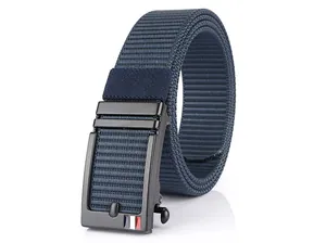 Detailed close-up of dark blue woven nylon belt with black automatic metal buckle