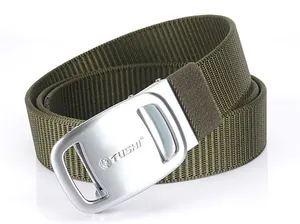 Close-up of army green nylon tactical belt with brushed silver automatic buckle and logo